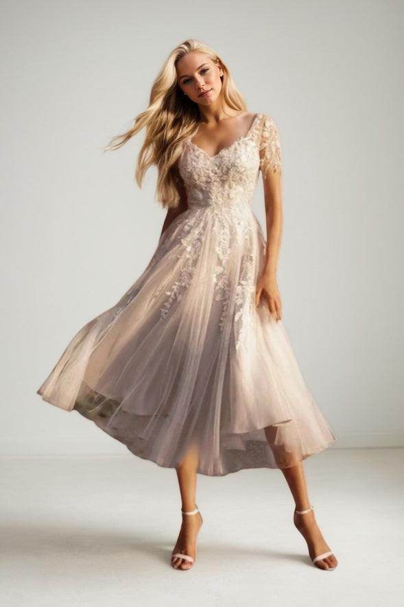 A-Line Tea Length Lace Tulle Wedding Dress CW3427 - COCOMELODY